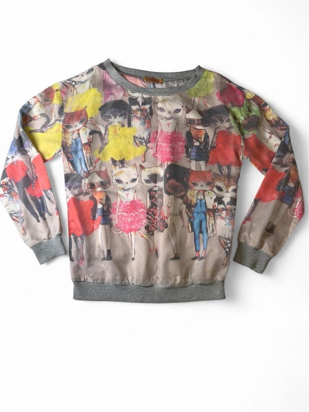 Jada Long Sleeve Pullover Sweater with Tulle layered over Fashion Cats Pattern